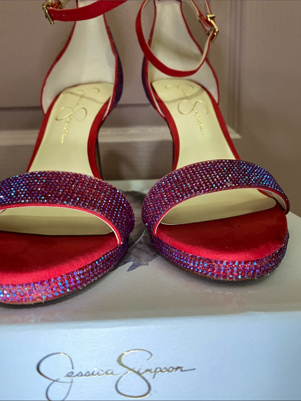 Jessica Simpson Red Suede Ankle-Strap Heels with Crystal Strap - Picture 2 of 8